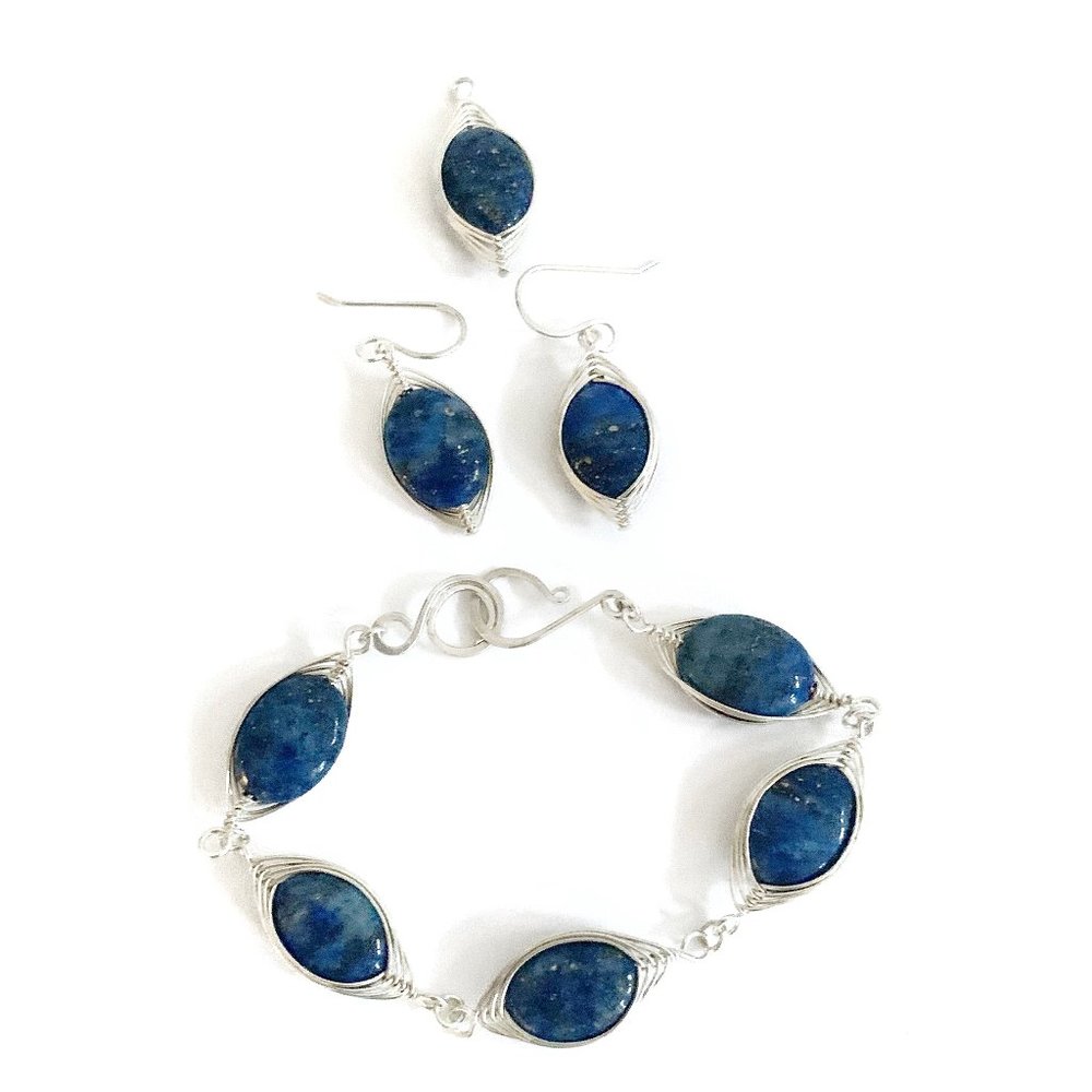 Blue Lapis Sterling Silver Bracelet, Earrings and Pendant Set